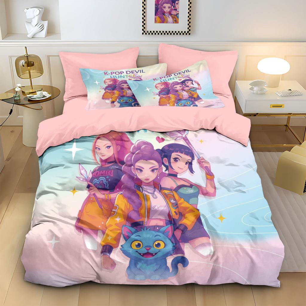 3-teiliges K-Pop-Bettwäscheset mit Dämonenjäger-Motiv, EU-Einzelgröße, Bettbezug, Bettbezug für Kinder und Erwachsene, K-Pop-Huntrix