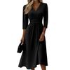 Women's V-Neck Three-Quarter Sleeve Back Zipper Dress Color Casual Fit