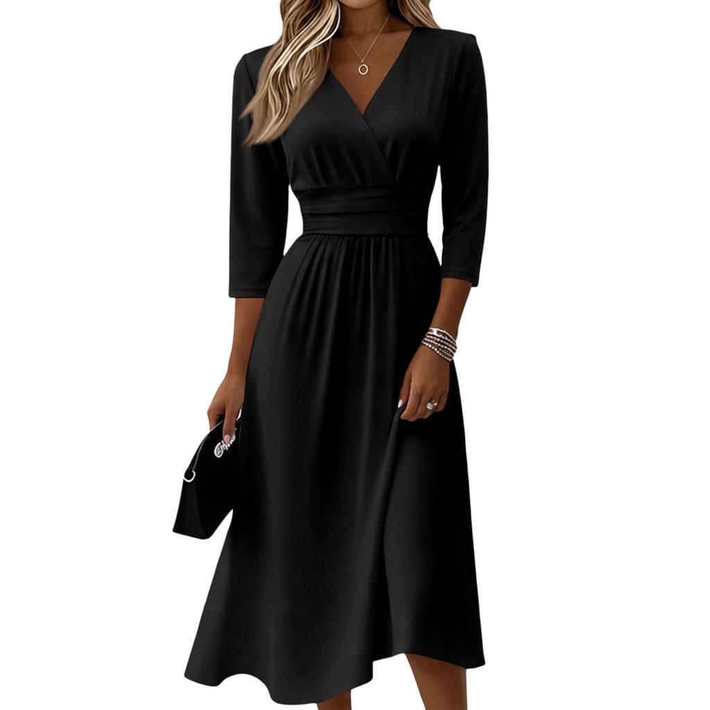 Women's V-Neck Three-Quarter Sleeve Back Zipper Dress Color Casual Fit