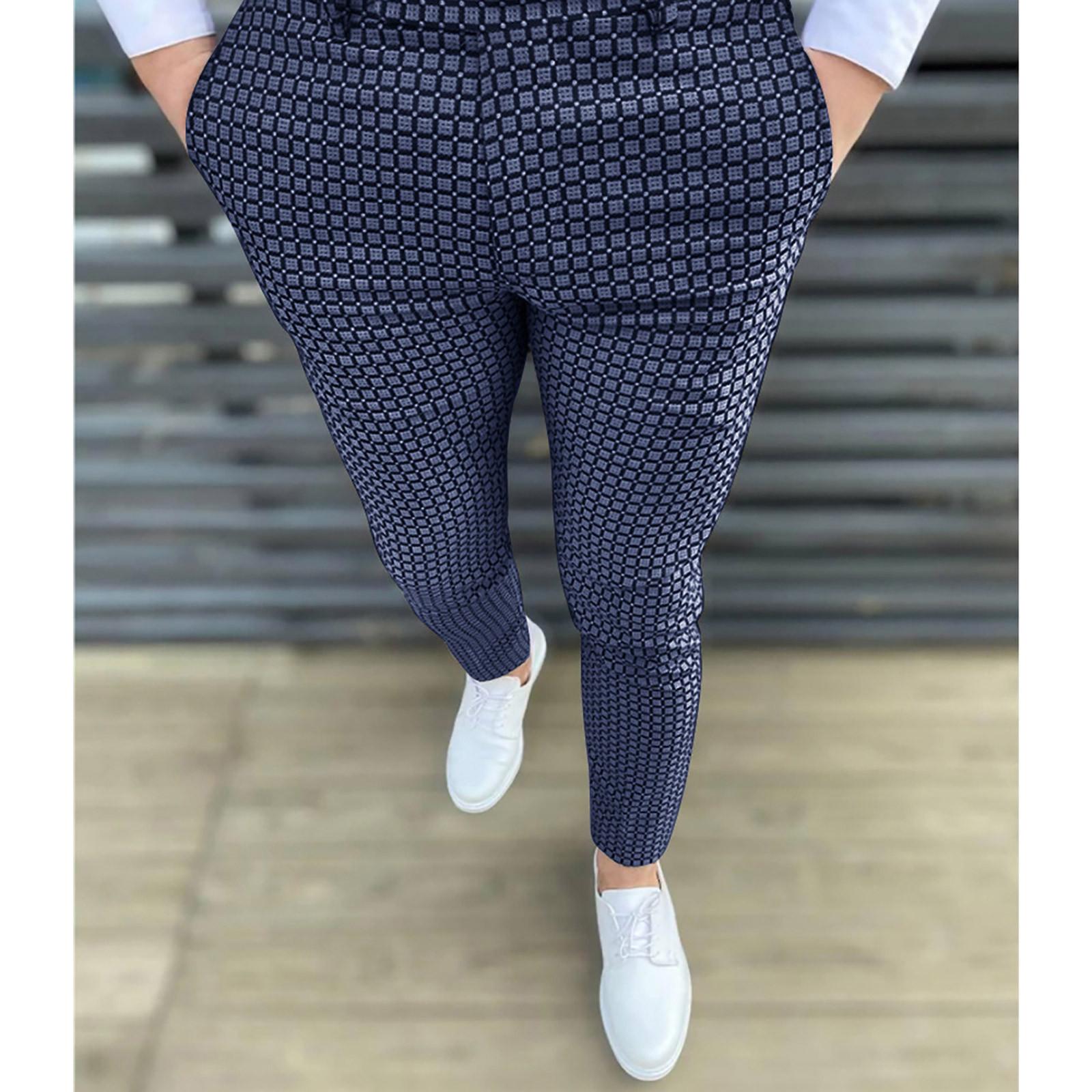 

Мужские модные эластичные классические брюки, облегающие брюки в клетку, брюки для делового костюма, повседневные брюки для гольфа L тёмно-синий