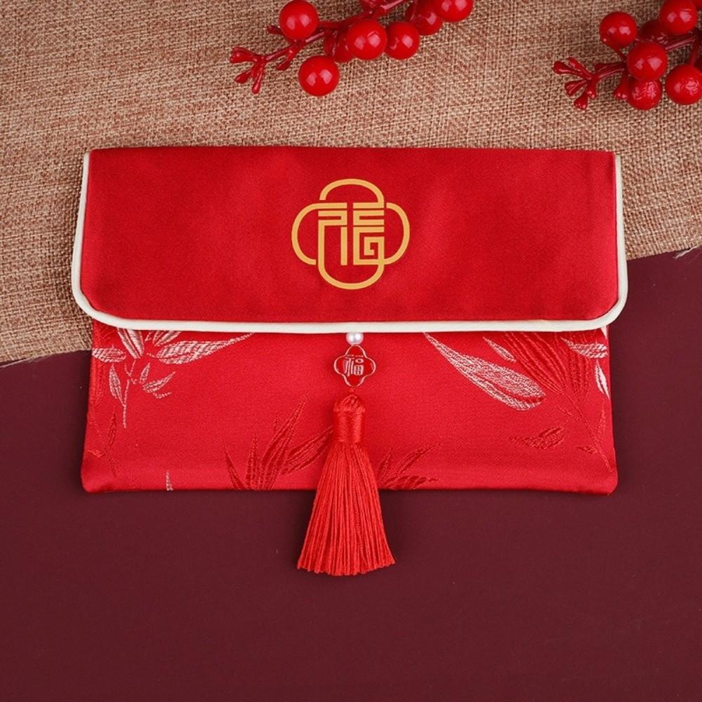 Blessing Words Brocade Red Envelop Embroidery Best Wishes Hongbao Lucky Tassel New Year Red Pockets Lunar New Year