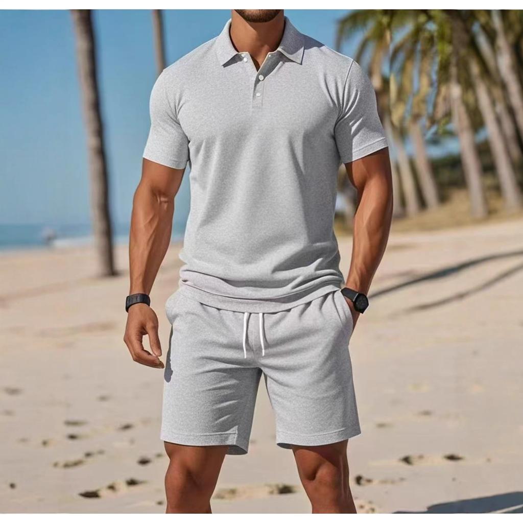 Herren Sommer-Zweiteiler Einfarbiges Kurzarm-Polohemd Shorts mit Kordelzug und elastischem Bund Lässiges Strand-Geh-Trainingsanzug-Set