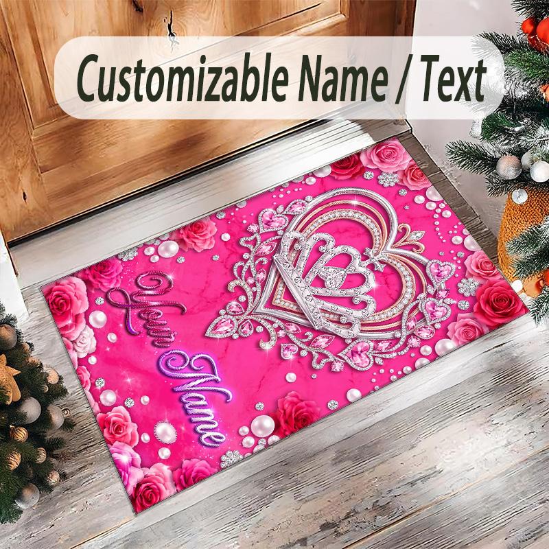 Hearts Theme Crystal Velvet Floor Rug Personalized Custom Name Text Warm Carpet Home Decoration