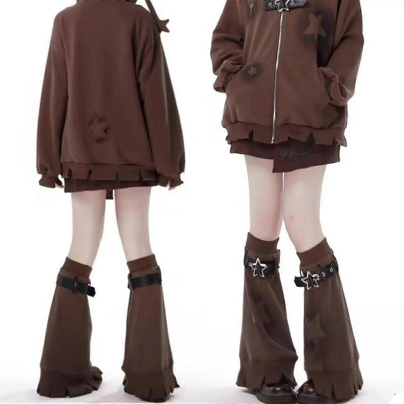 Brown Star Pattern Leg Warmers with Adjustable Leather Buckle Strap for Women Punk Flared Leg Covers Footless Socks  Brown