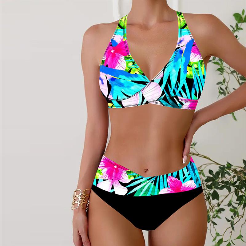 Women's Swimwear Bikini 2 Piece Swimsuit Backless Halter Beach Wear Blue Camouflage Stars Print Bathing Suits Hanging Neck Swimsuit