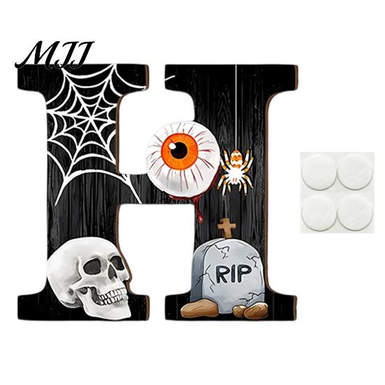 Holiday Home Accents Halloween HOME Letter Wall Hanging Ornament, Wooden Festive Decor with Ghost Skull Party Supplies Pumpkin Black Cat Bat Elements