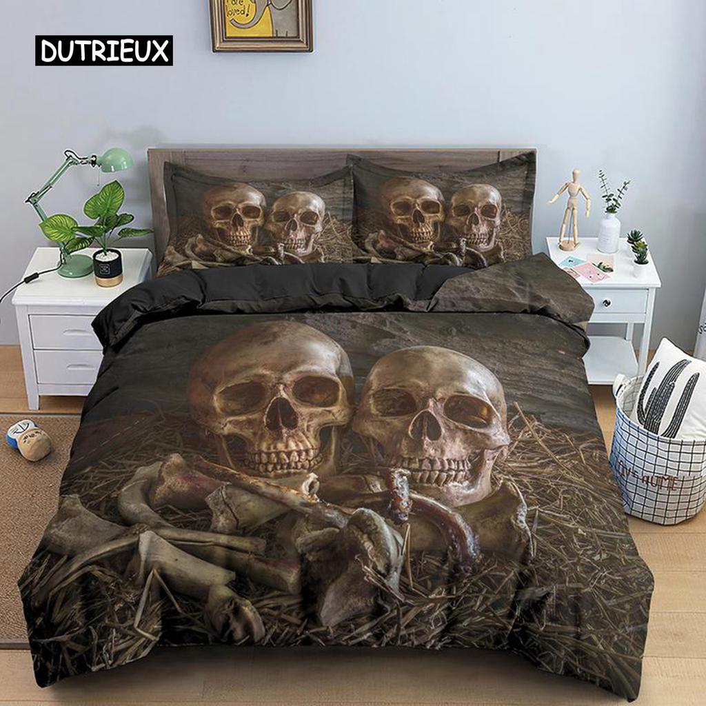 Skeleton Duvet Cover Set Microfiber Bedding Set Twin Size Halloween Funny Skeleton Skulls Bones Comforter Cover for Kids Teens