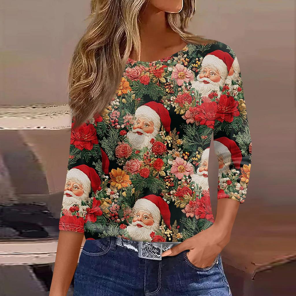 Women's Fashionable Casual Three Quarter Sleeve Christmas Printed Round Neck Top