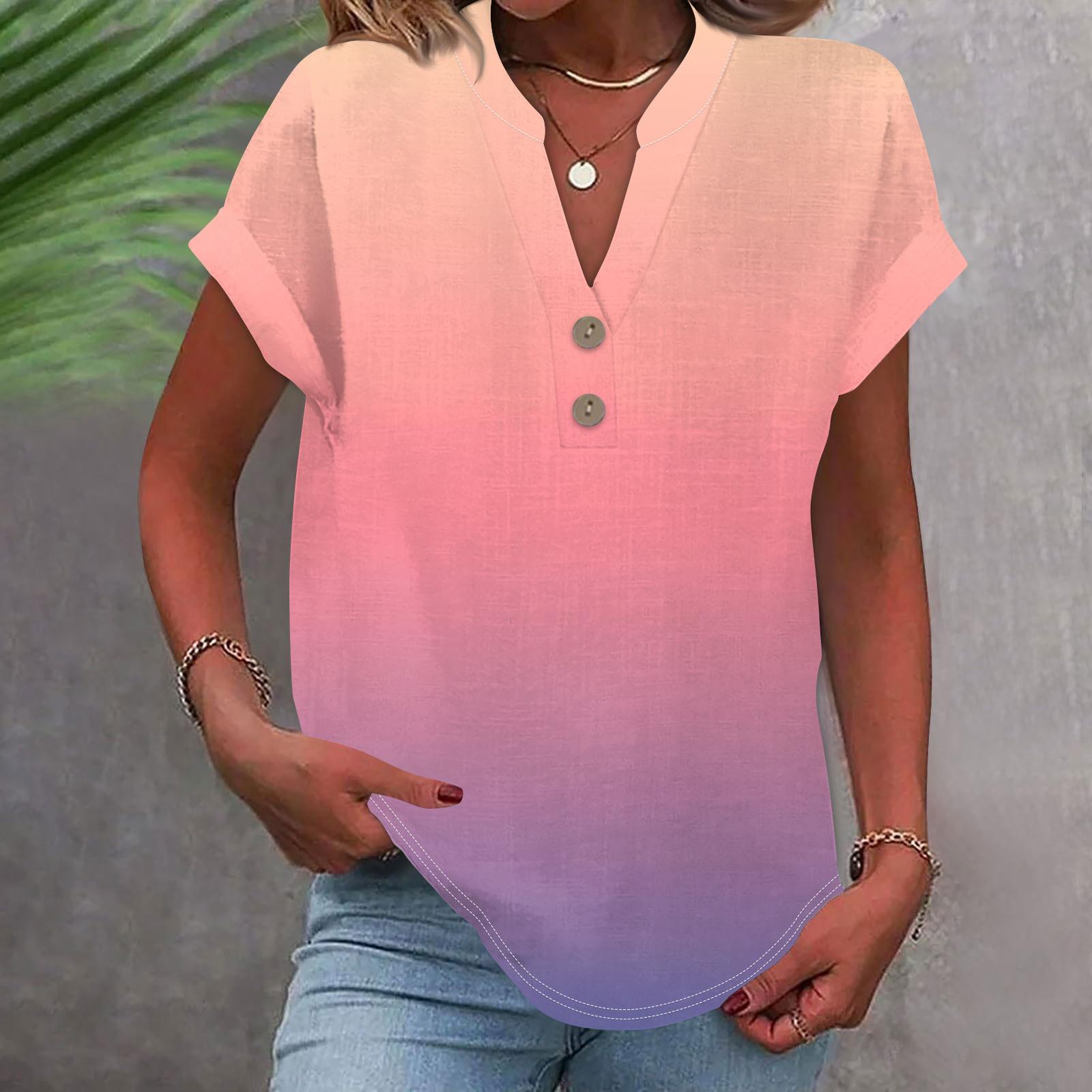 

Женская модная повседневная рубашка с v-образным вырезом и коротким рукавом с принтом, футболка на пуговицах, топ L розовый