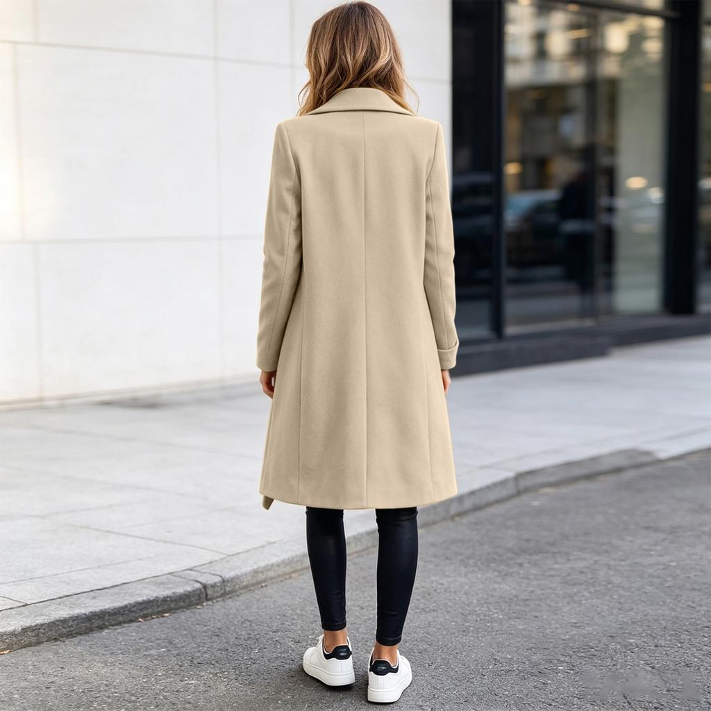 Women's Color Wool Coat with Lapel and Tie Belt