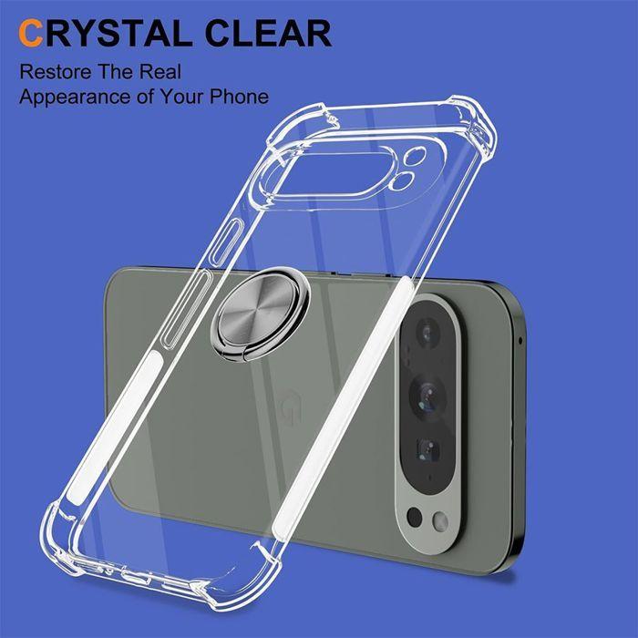 Coque pour Google Pixel 10 Pro XL, Protection Silicone Transparent avec Anneau Rotatif Argenté