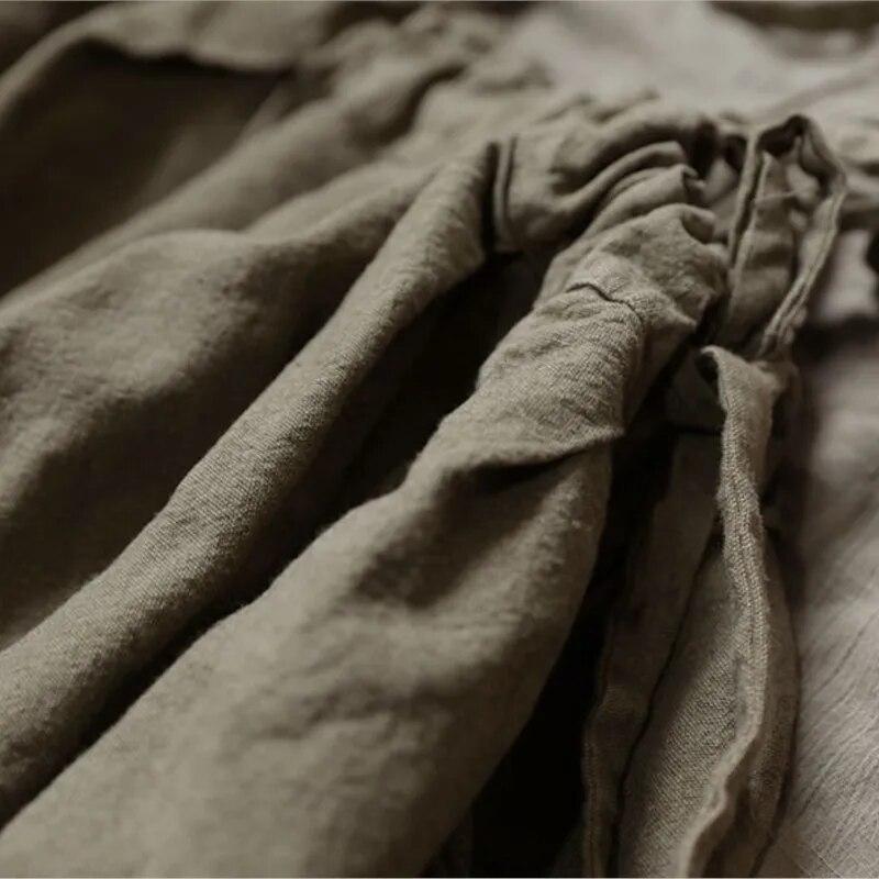 Johnature Women Vintage Cotton Linen Skirts Thick Solid Color Elastic Waist High Quality Autumn Straps A-Line Skirts