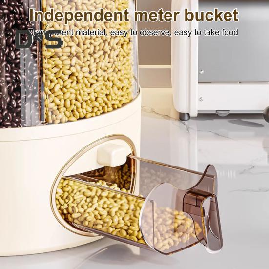Sealed Dry Grain Bucket Dispenser Large Capacity 6 Compartments Transparent 360-Degree Rotatable Rice Dispenser Grain Bucket