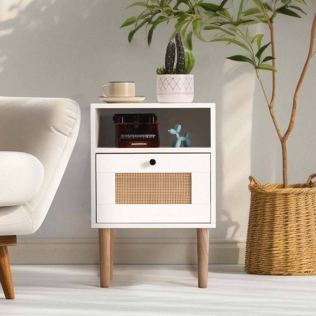 Modern Bedside Table with Rattan Drawer, Bed Side Table with Storage Shelf & Solid Wood Feet, End Table