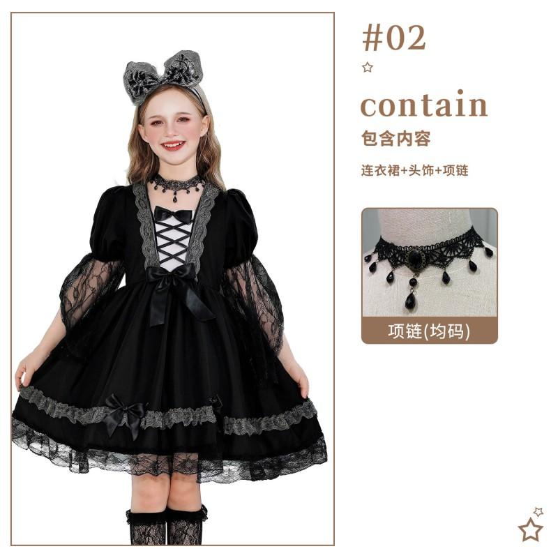 Halloween Witch Costume Girls Lace Dress With Headpiece Necklace Socks Cane Cosplay Outfit Party Performance