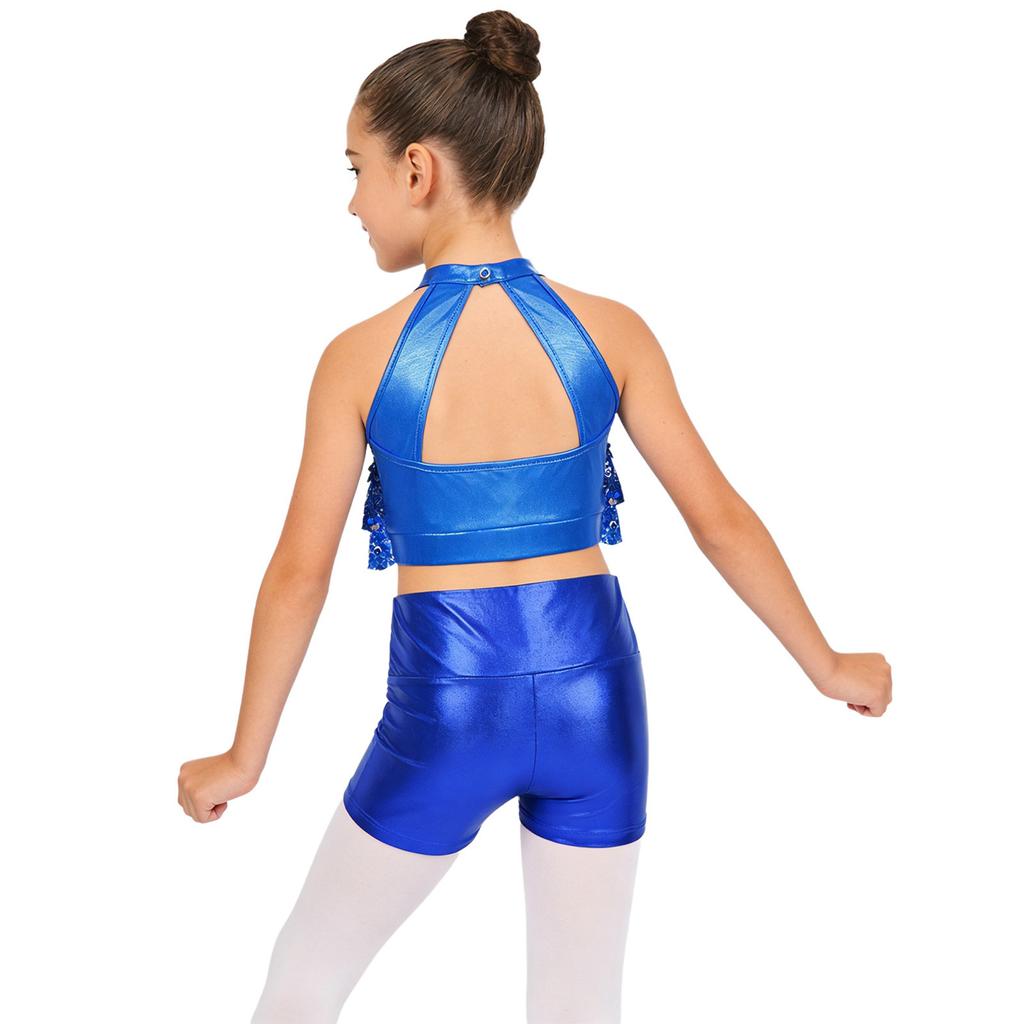 Top Corto da Bambina con Collo Alto Senza Maniche e Paillettes Pantaloncini Stratificati Lucidi Metallici Outfit per Danza sul Palco