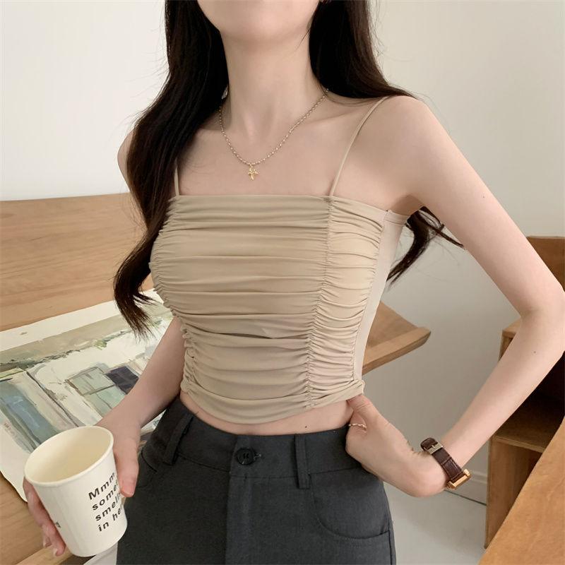 Wrinkled Camisole Vest for Women Strapless Off The Shoulder Wearing Ice Silk Thin Short Top for Summer