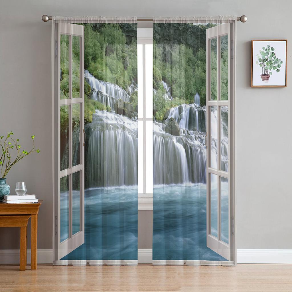 For Living Room Bedroom Space Decoration Chiffon Translucent Voile Kitchen Area Window Opening Drape Drapes - Sunrise Snow Footprints Tulle Curtains