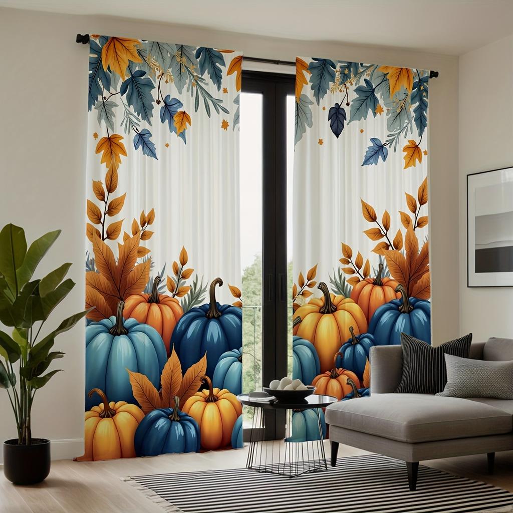 2pc Pumpkin and maple leaf print curtains   polyester fabric   machine washable   suitable for bedroom and living room decoration