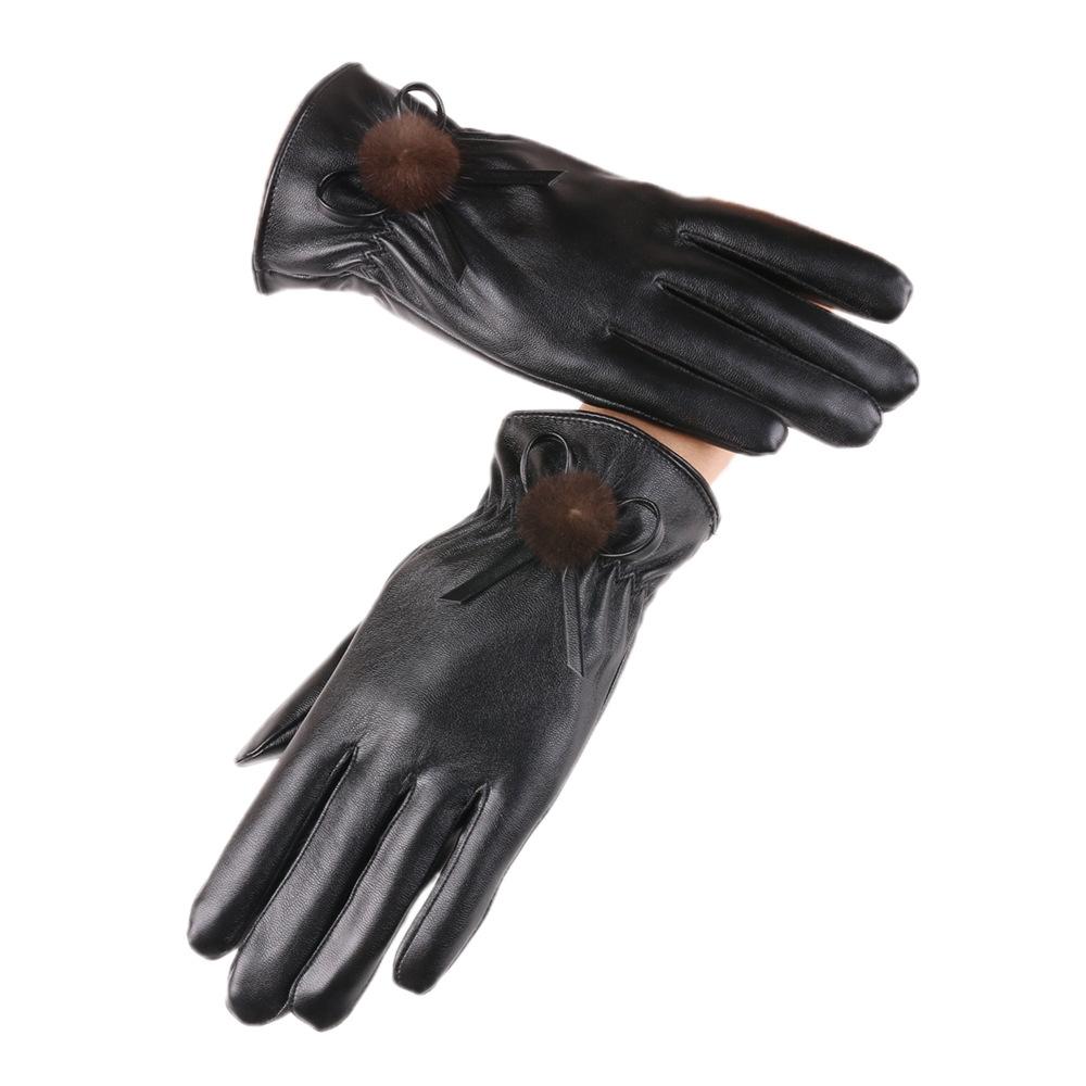 

Осенне-зимние перчатки для женщин, перчатки из ПУ кожи с бантом, утолщенные перчатки с плюшевой подкладкой для вождения на открытом воздухе, теплые перчатки с сенсорным экраном one size