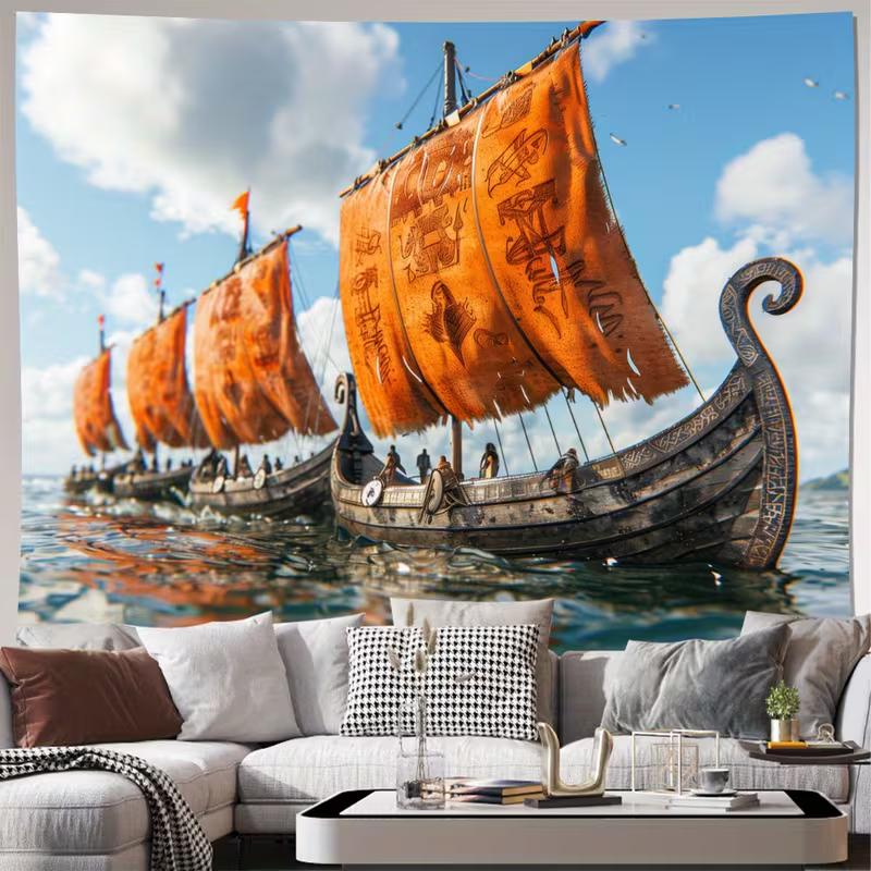 

2D Viking Longships on the Sea Tapestry Norse Medieval Ships Wall Decor Cloth for Home & Bedroom 47.2x31.5inch/120*80cm