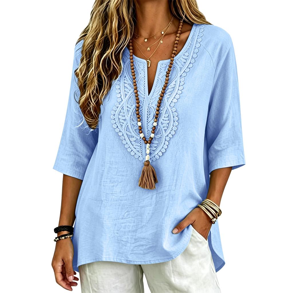 Women Boho Lace Patch Blouse V Neck Tassel Split 3/4 Sleeve Loose Casual Tunic Tops for Spring Summer