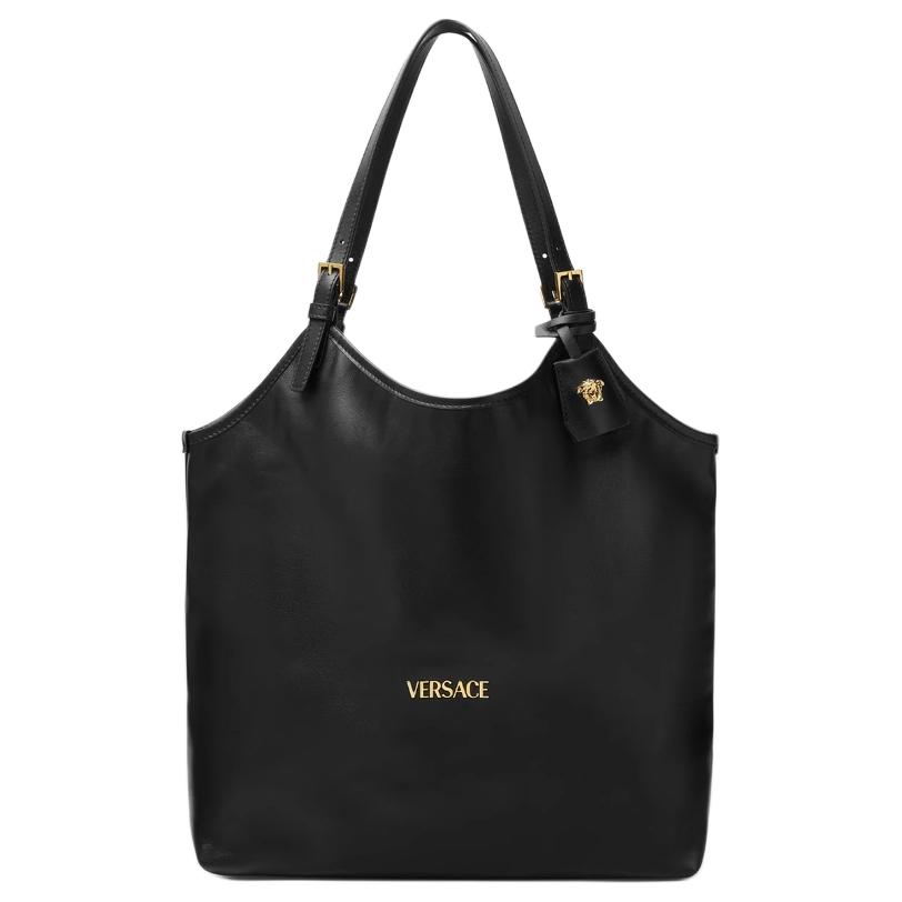 

Versace Logo Open Closure Leather Tote Bag Women Tote Black 1015795-1A13677-1B00V Basic Set (Bag+Dust Bag)