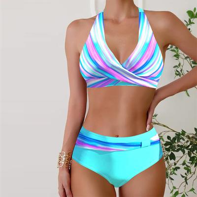 Women's Swimwear Tankini 2 Piece Swimsuit Blue Cross Rainbow Stripes Print Vacation Bathing Suits