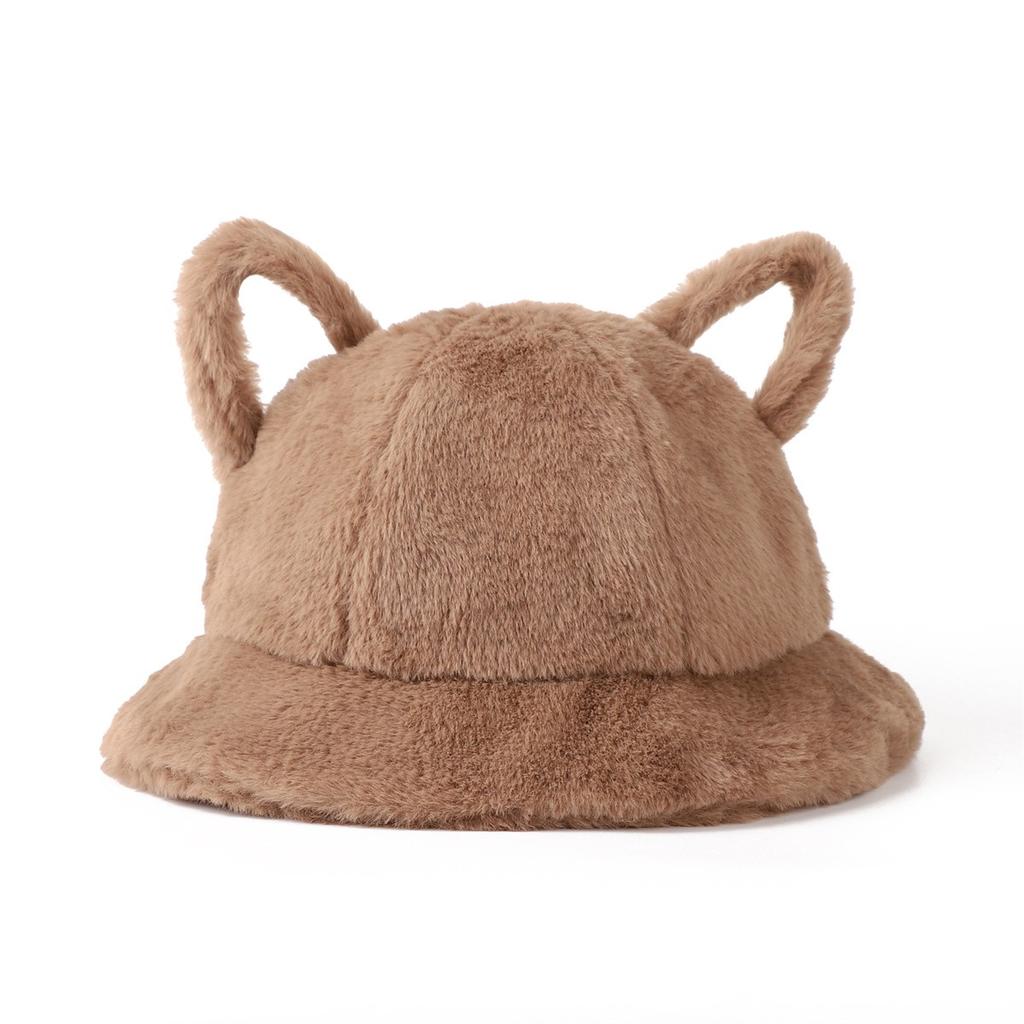 Women's Bucket Hat Winter Cute Cat Ear Plush Fisherman Cap Keep Warm Faux Fur Leopard Bob Cap Female