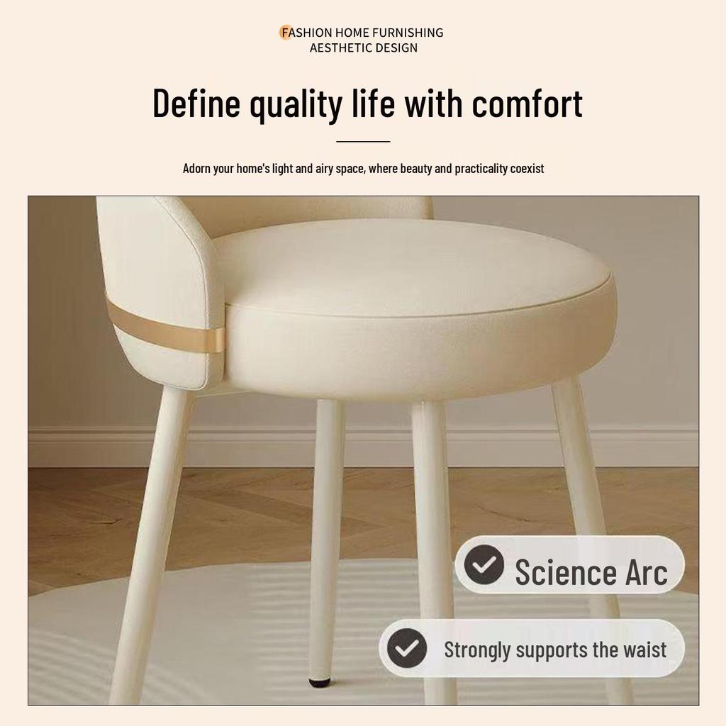 High-End Cream Makeup Stool with Backrest for Girls' Bedroom or Luxury Dressing Table