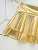 Women Low Rise Double Layered Ruffled Skirt Shiny Metallic Mini Skirt for Rave Party