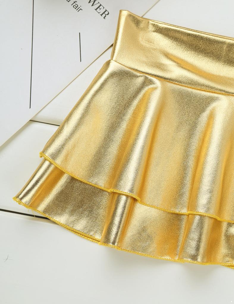 Women Low Rise Double Layered Ruffled Skirt Shiny Metallic Mini Skirt for Rave Party