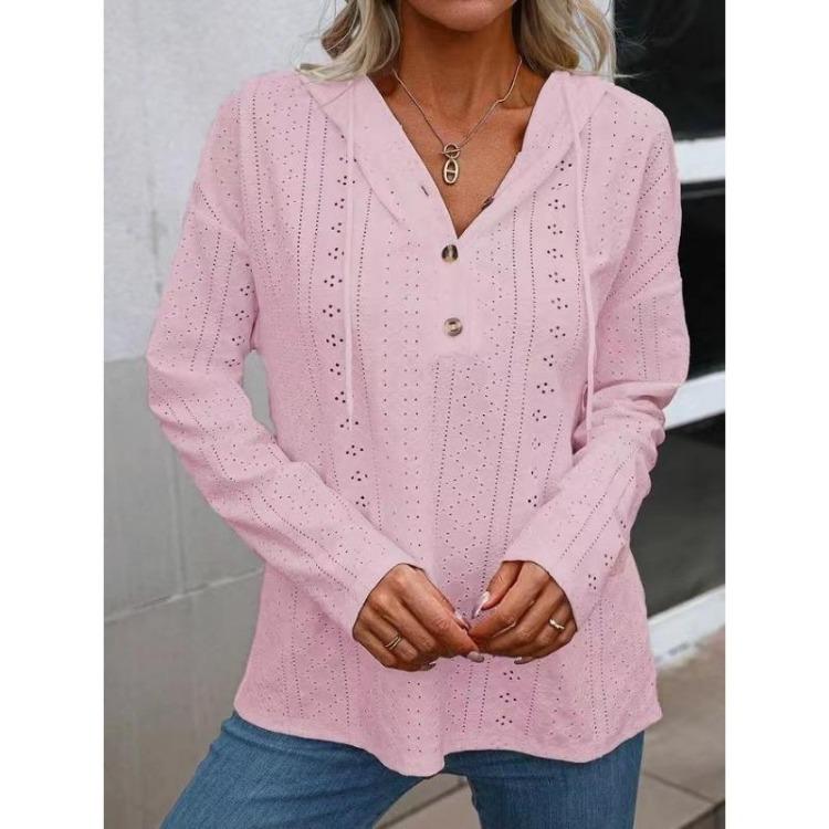 

Women s Casual Long Sleeve Hoodie with Drawstring and Button Eyelet Solid Color Sweatshirt S розовый