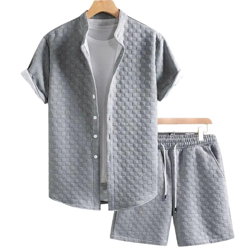 Summer Solid-color Checkered Men's Collarless Short-sleeved Shorts Loose Suit