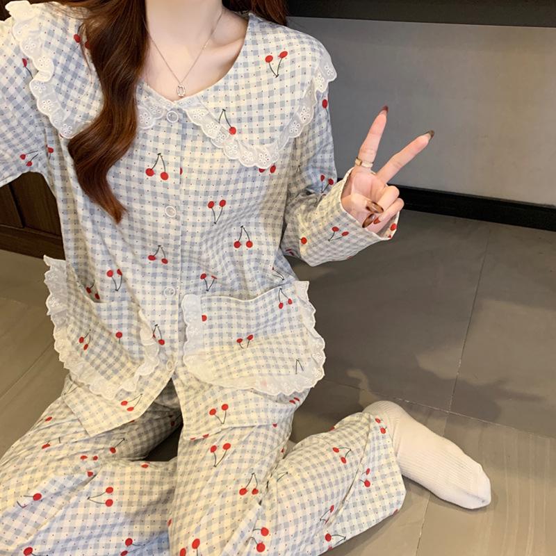 Women's Sweet Cherry Pajamas - Spring Long Sleeve Cloud Cotton Set
