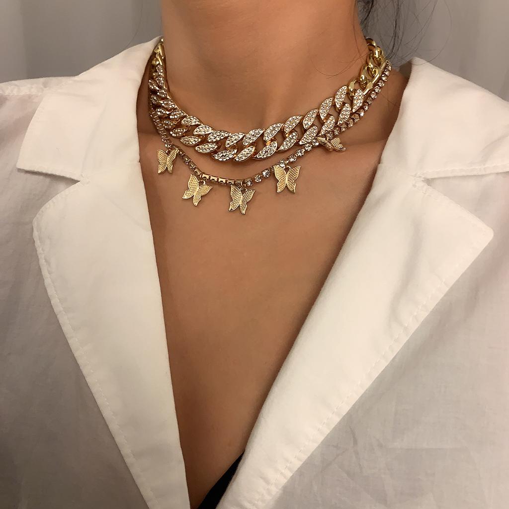 Jewelry, personalized handmade micro-inlaid exaggerated thick chain necklace, vintage Cuban chain butterfly fringed necklace