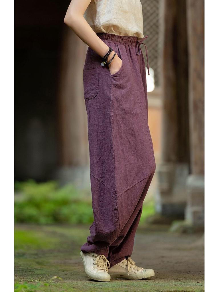 Women's Spring Retro Zen Loose Ramie Cotton Linen Harem Pants for Kung Fu Meditation