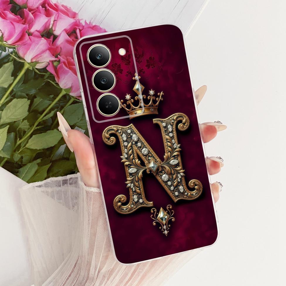 Cover For Realme 14x 5G India Case RMX3940 Transparent Luxury Crown A-Z Letters 2D Flat Pattern Soft Phone Case