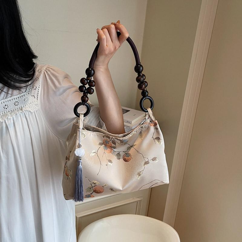 Retro Beige Embroidery Handbag Women Beaded Handle Large Capacity Shoulder Bag Ladies Elegant Luxury High End Underarm Bags