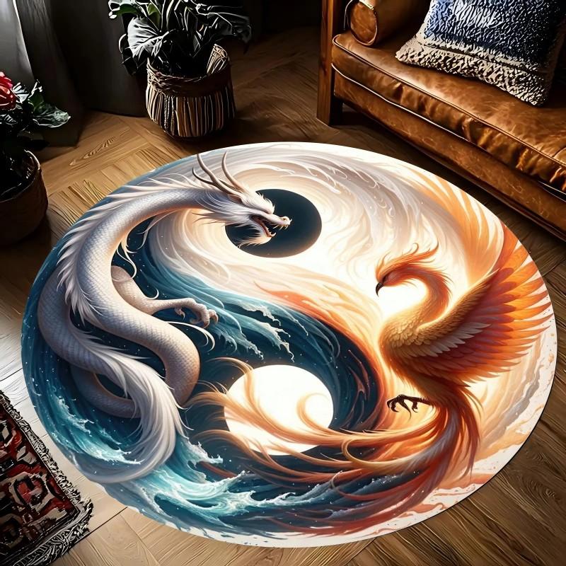 Yin Yang Dragon and Phoenix Printed Round Carpets for Home Living Room Rug Bedroom Decor Rug Non Slip Washable Flannel Floor Mat