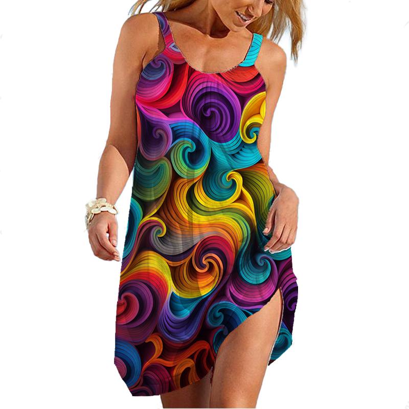 Sommer Neues 3D-gedrucktes Kleid Hawaiianisches Sexy Kleid Trägerärmel Traf Sommerkleid Lässig Camo Tanktop Damenkleid