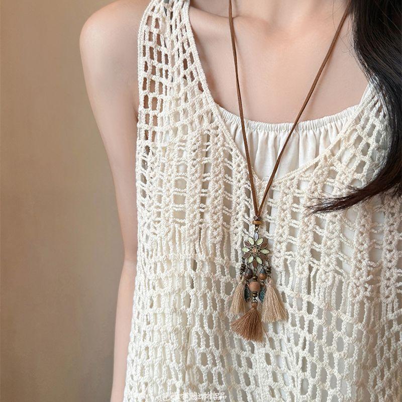 Vintage Boho Metal Feather Necklace For Women Antique Long Collar Chains Pendant Handmade Statement Jewelry Layers Accessories