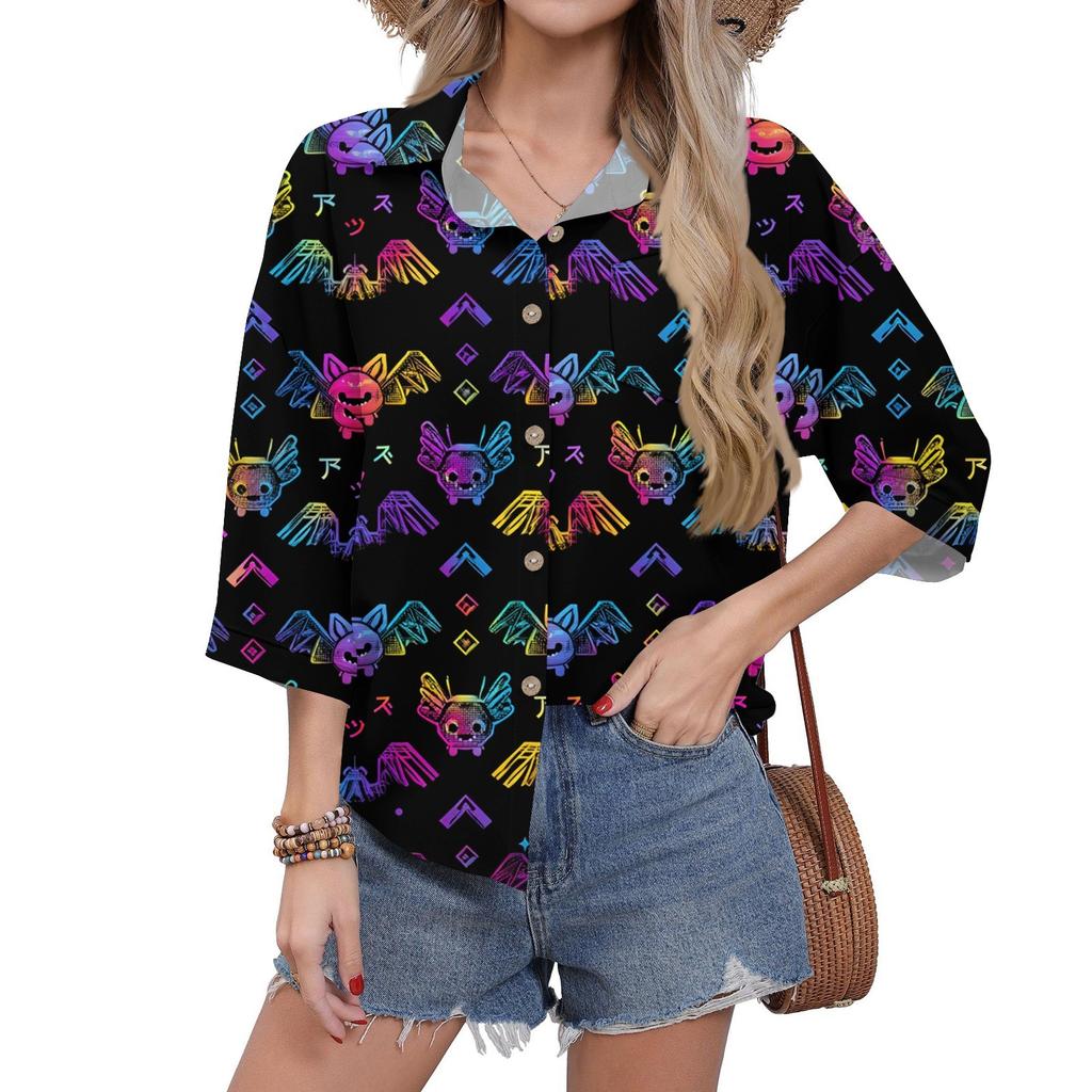 Women's Casual Printing Button-down Shirt Three-quarter Sleeve Dress Shirt Lapel Work Shirt With Pockets