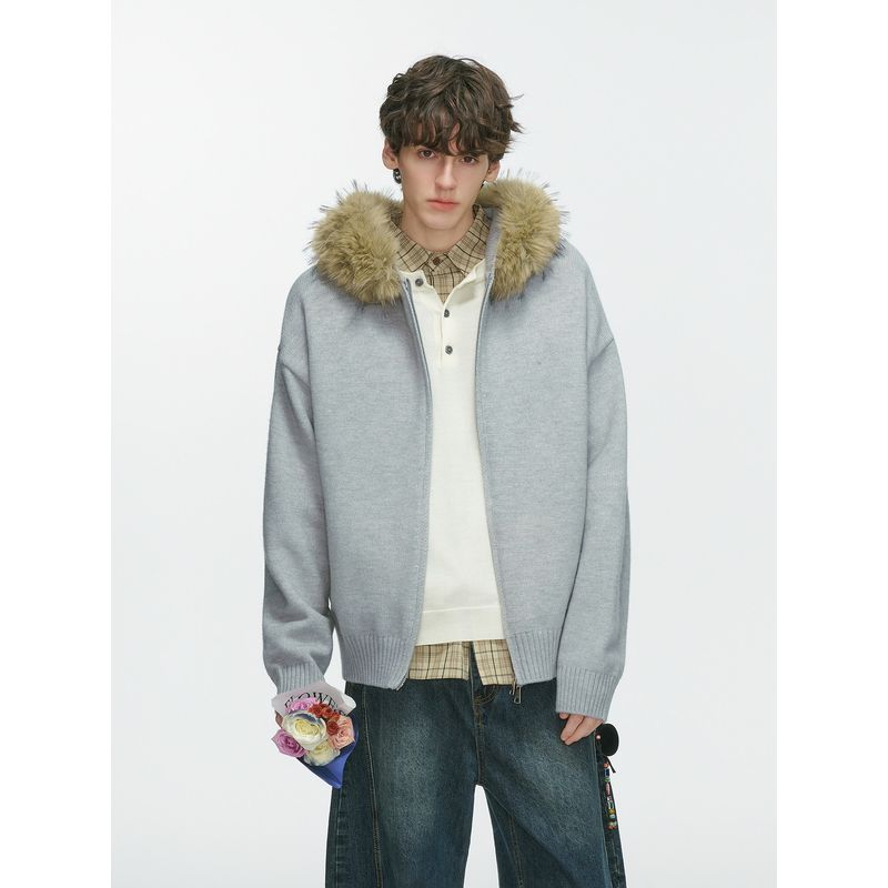 Dream Made American Style Detachable Fur Collar Hooded Cardigan Sweater Jacket Men's Autumn and Winter Couple Knitwear