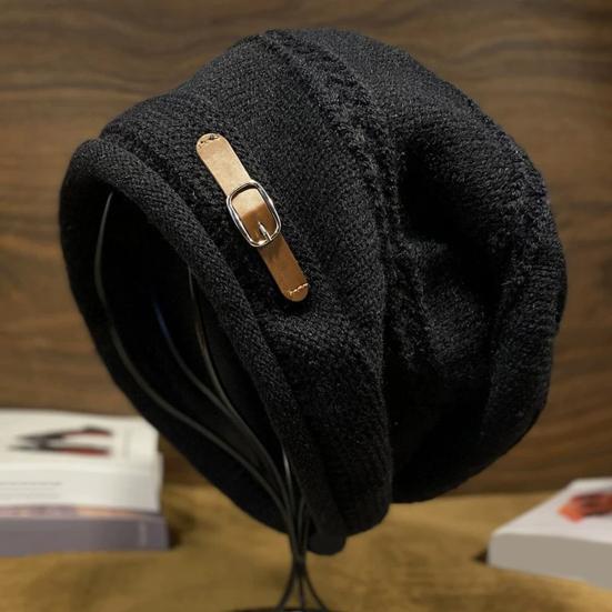 Knitted Hat Rolled-Edge Pile Shape Velvet Lining Women Hat Windproof Ear Protection Knitted Headgear