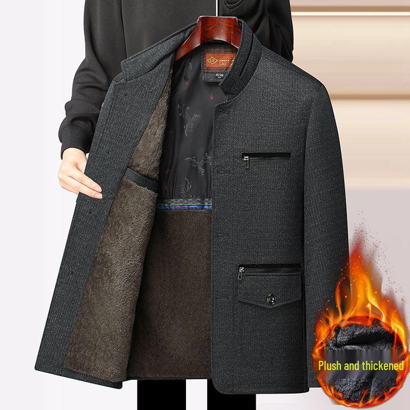 Men's Plus Velvet Turn-Down Collar Jacket for Middle-Aged and Elderly - Thick Autumn/Winter Business Coat