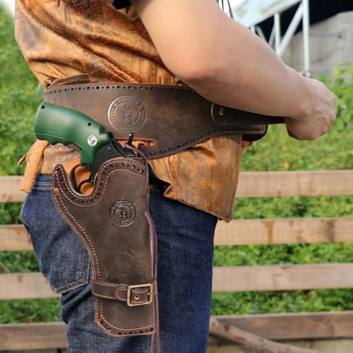 TOURBON Pistol Holster, Genuine Leather, with Bullet Belt, Revolver Gun Holster, Revolver Gun Belt