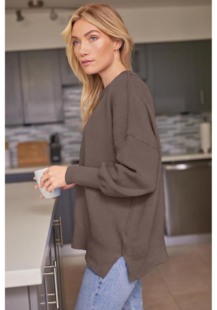 2025 Women's Round Neck Batwing Long Sleeve Knit Sweater with Exposed Seam and Side Slit