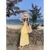 Kumikumi Holiday Style Yellow Design Sense Pleat Hanging Neck Sling Dress Women Summer French style Slim fit Long dress