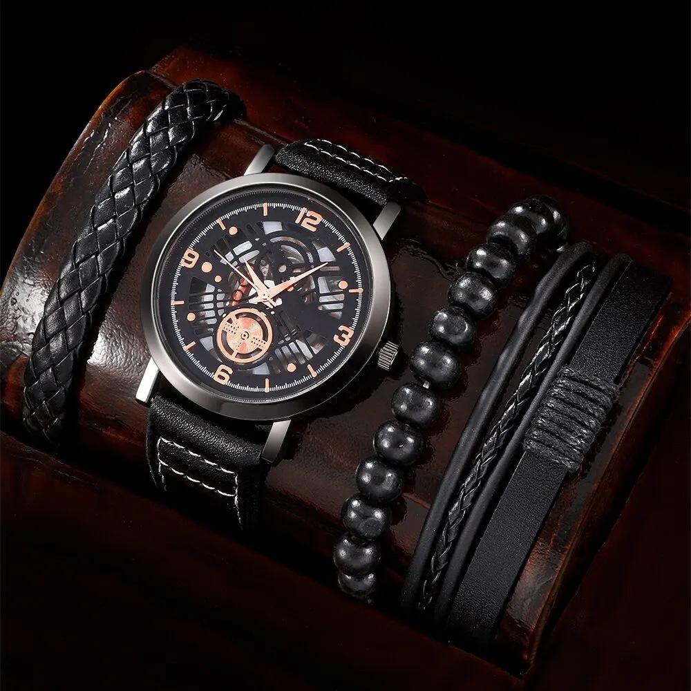 Black Skull Dial Quartz Watch & Bracelet Set (3-Piece)